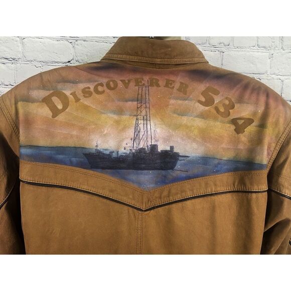 vtg Adler mens L Discoverer‎ 534 ship painting bomber suede jacket - Picture 2 of 6